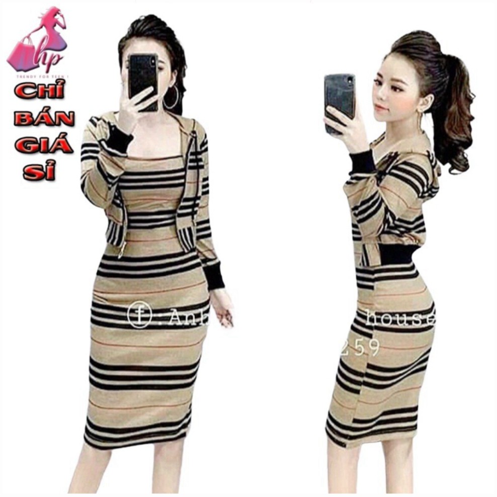 Set đầm 2 dây body kèm áo khoác dây kéo nón mẫu mới 2021 thời trang bán giá sỉ [Hoàn Xu]