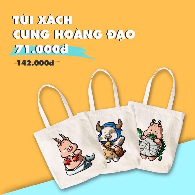 TÚI CANVAS TOTE 12 CUNG HOÀNG ĐẠO, HEO CỰC XINH, TÚI VẢI BỐ