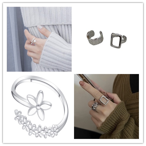 Bộ 2 Nhẫn Bạc Hình Hoa Dạng Mở Điều Chỉnh Được Phong Cách Hàn Quốc Ngọt Ngào Cho Nữ