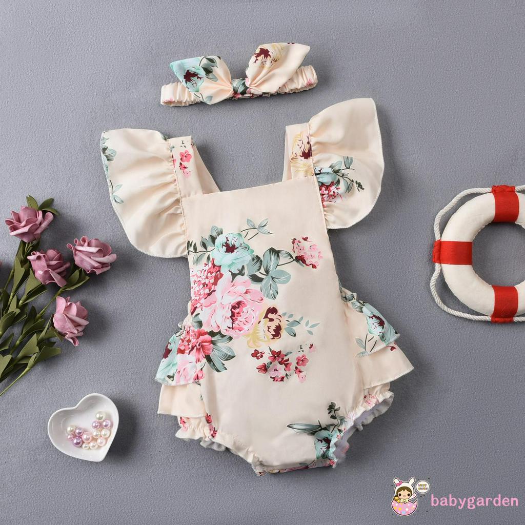 Áo Liền Quần In Hoa Kèm Băng Đô Cho Bé Gái