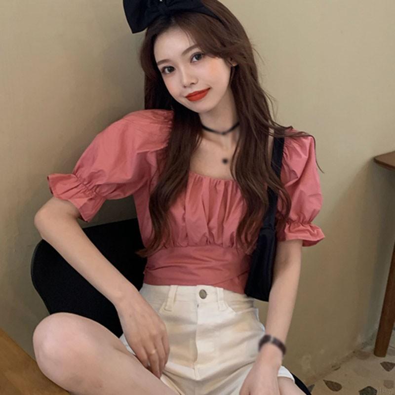  Áo kiểu cho nữ tay phồng ngắn xẻ cổ chữ U phong cách Hàn Quốc đáng yêu | BigBuy360 - bigbuy360.vn