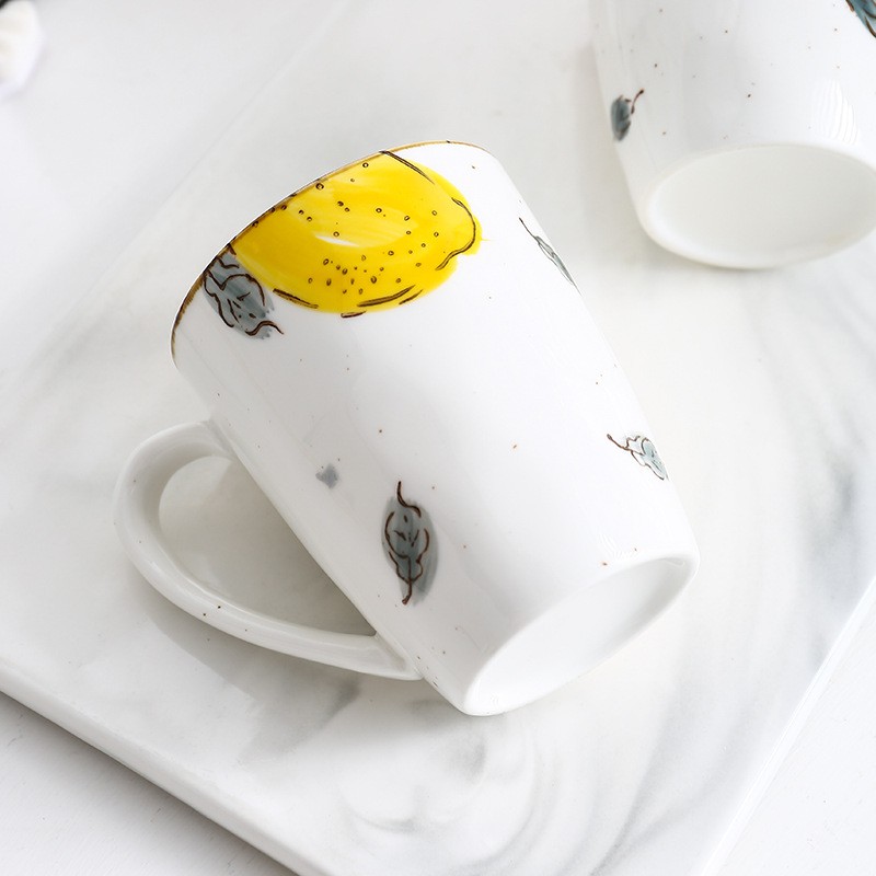 Cốc uống trà cốc, uống nước đẹp họa tiết chanh vàng viền nâu phong cách vintage