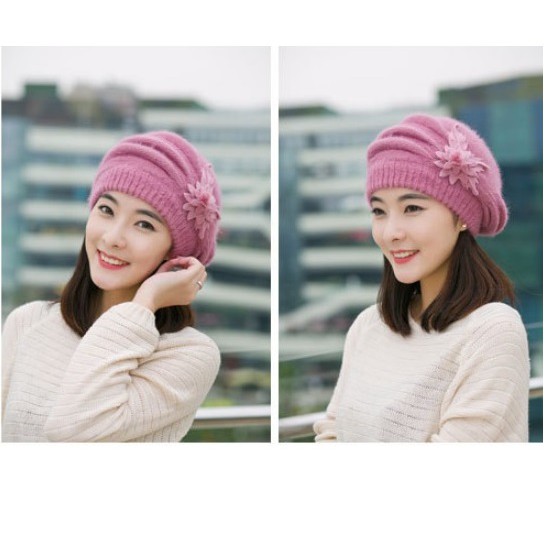 [QUẢNG CHÂU_TRỢ SHIP ĐƠN 50K] Mũ len, nón len xếp ly đính hoa A021 mềm mại, 2 lớp, lót lông, ấm ấp, dùng quanh năm