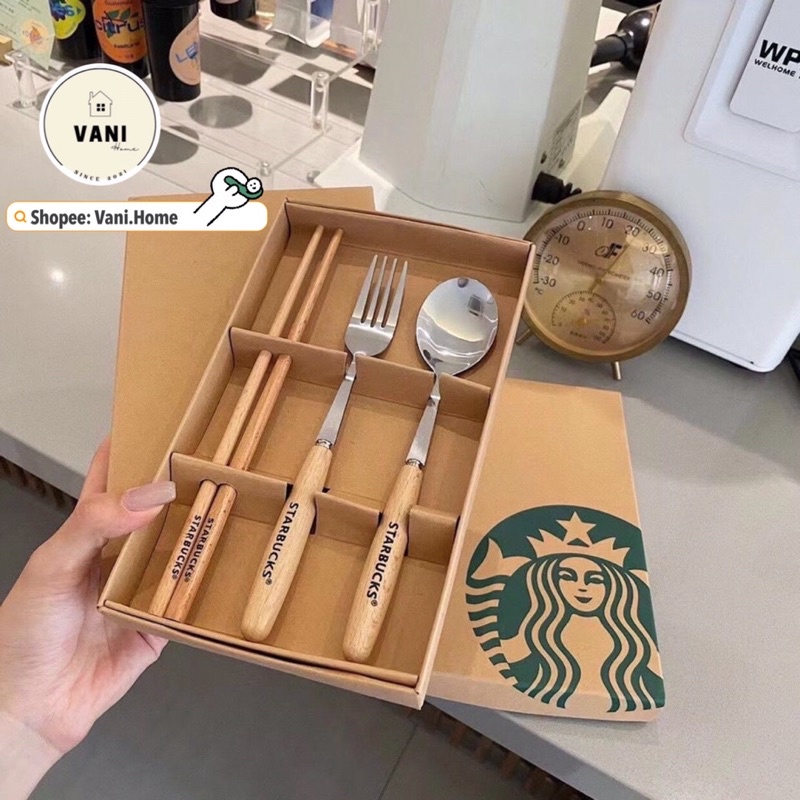 Bộ 3 thìa dĩa và đũa Starbucks sang chảnh - Set 3 món ( đũa, muỗng, nĩa ) STARBUCKS kèm hộp cao cấp