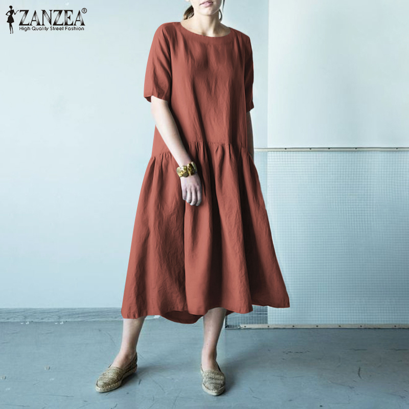 ZANZEA Women's Casual Loose Solid Round Neck Sleeves Split A-Line Dress | BigBuy360 - bigbuy360.vn