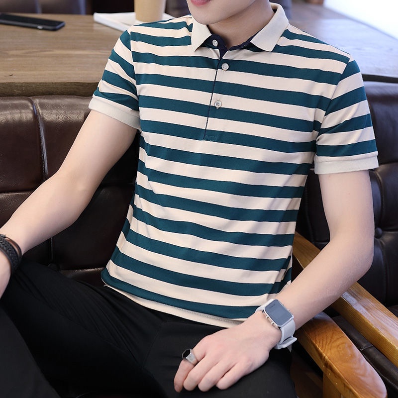 Áo Thun Polo Kẻ Sọc Màu Khối Ôm Dáng Phong Cách Hàn Quốc Thời Trang Mùa Hè Cho Nam