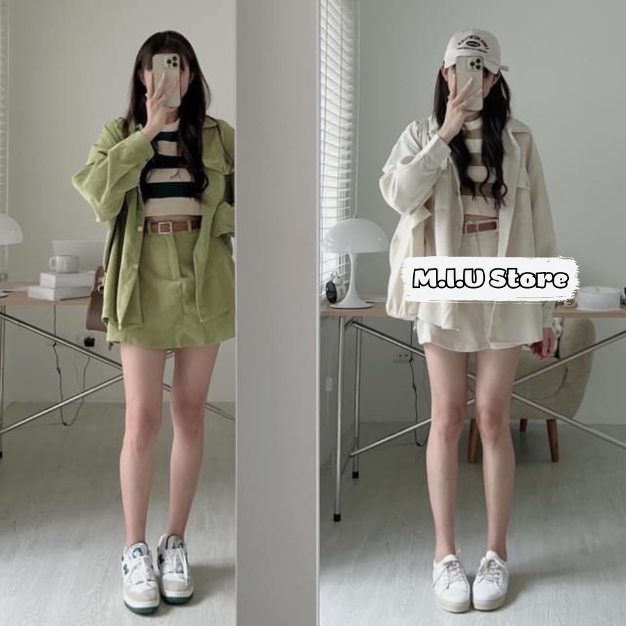 Set áo khoác sơ mi nhung tăm dài tay mix chân váy chữ A trẻ trung