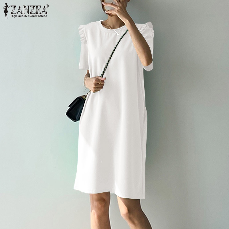 ZANZEA Đầm Tay Ngắn Cổ Tròn Thời Trang Dành Cho Nữ