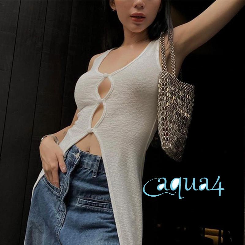 Anana-áo Sát Nách Cổ Chữ U Xẻ Tà Trước Dài Vừa Vặn Màu Trơn Cho Nữ