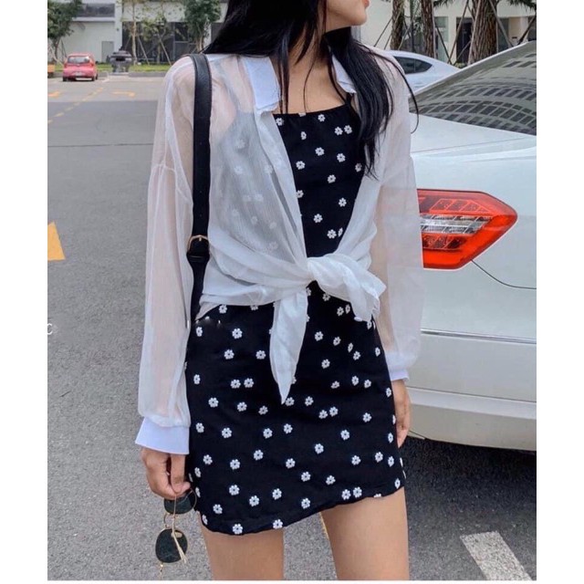Đầm nữ kèm áo voan ⚡FREESHIP⚡ set đầm dáng ôm hoa cúc kèm áo khoác ngoài siêu xinh cho bạn nữ tự tin
