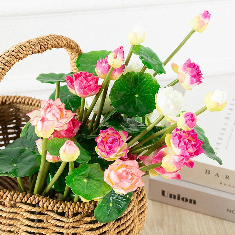 Cụm hoa sen cao cấp 2 bông 1 nụ 25cm kèm lá tuyệt đẹp trang trí phòng khách - Hoa giả lụa