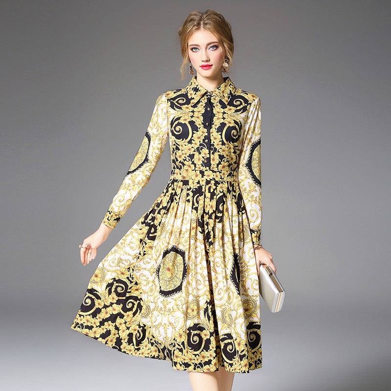 Women's Fashion High Quality Printed Long Baroque Floral Pleats Midi Party Dress | BigBuy360 - bigbuy360.vn