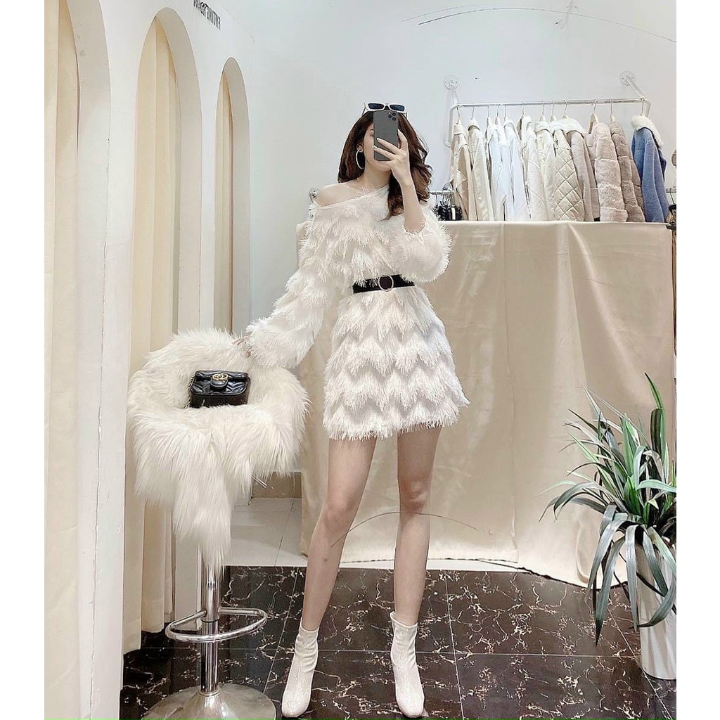 Đầm xếp ly nữ lông tua rua kèm đai phong cách tiểu thư ulzzang Hàn Quốc mùa thu đông cá tính
