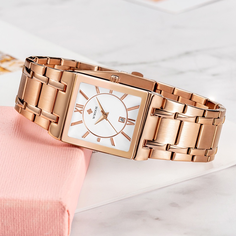 Wwoor Mới Đồng Hồ Đeo Tay Mặt Vuông Màu Vàng Hồng Sang Trọng Reloj Mujer-8858 Cho Nữ
