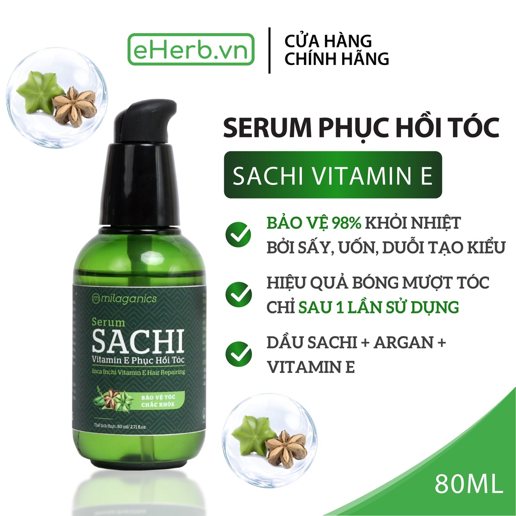 Serum dưỡng tóc vitamin E & sachi phục hồi tóc uốn nhuộm, khô xơ sử dụng trong quá trình sấy tóc MILAGANICS 80ml (chai)