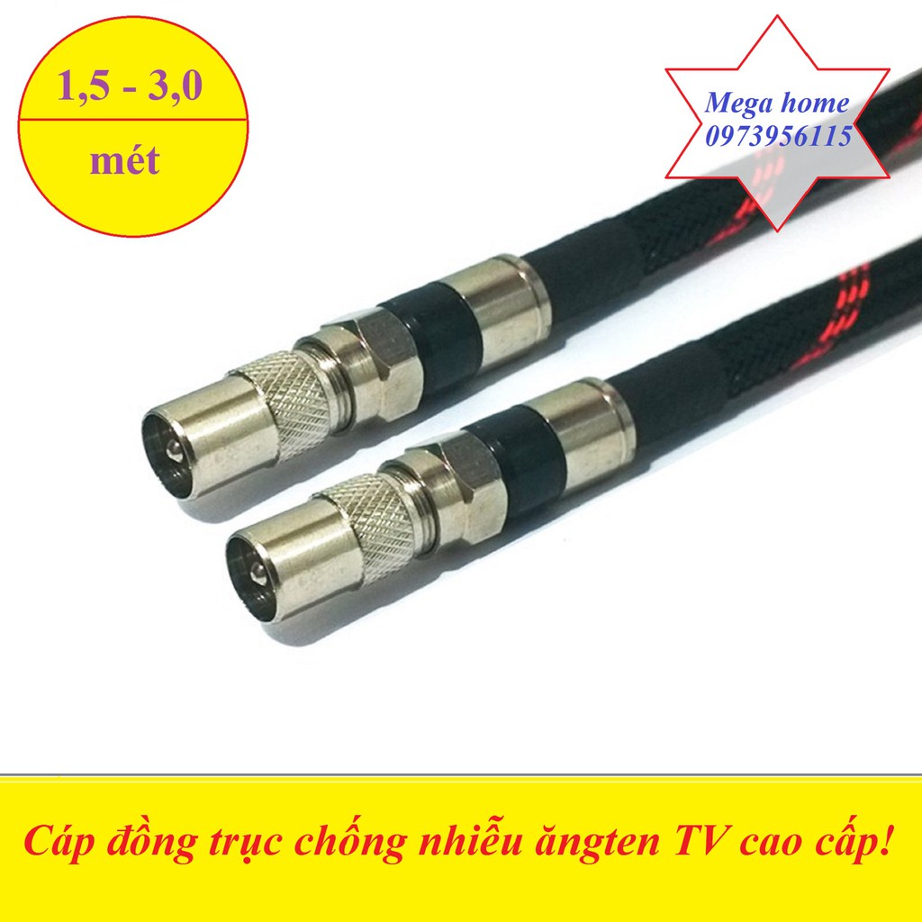 Dây angten DVBT2 chống nhiễu 2 đầu bấm cos 1,5 mét (màu đen - bọc lưới)