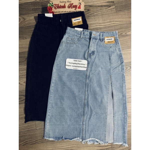 Chân váy jean, váy bò xẻ unisex dáng dài phối mác da túi | BigBuy360 - bigbuy360.vn