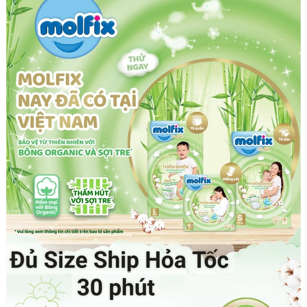 Tã/bỉm Quần/Dán Molfix thiên nhiên bông Organic NB-1 90+10 / XS72+8 / S80+8 / M76+8 / L68+8 / XL62+8 / XXL56+8 / XXX24+6