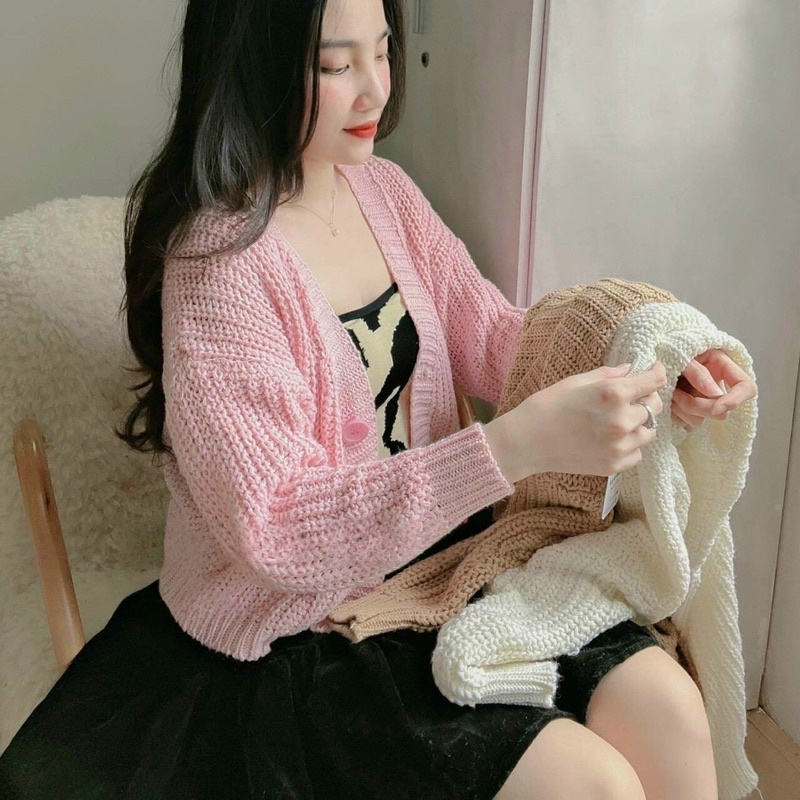Áo Khoác Cadigan Croptop Len Đan thừng nút quảng Châu