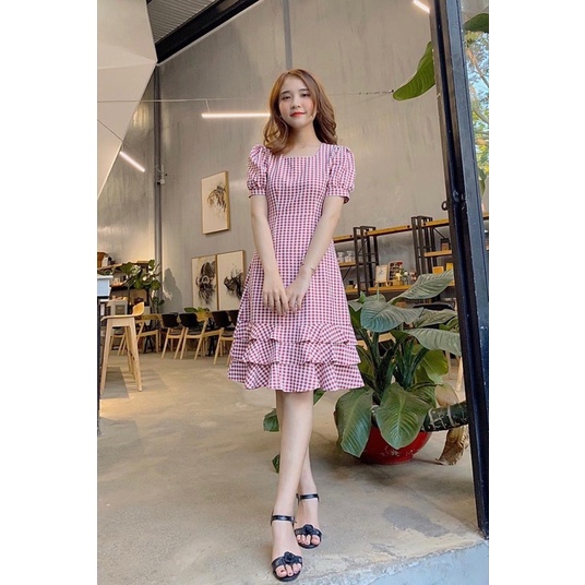 ĐẦM NỮ SUÔNG CARO PHỐI BÈO TẦNG CỰC XINH SANG CHẢNH TIỂU THƯ HÌNH SHOP TỰ CHỤP MẪU MẶC MET 65