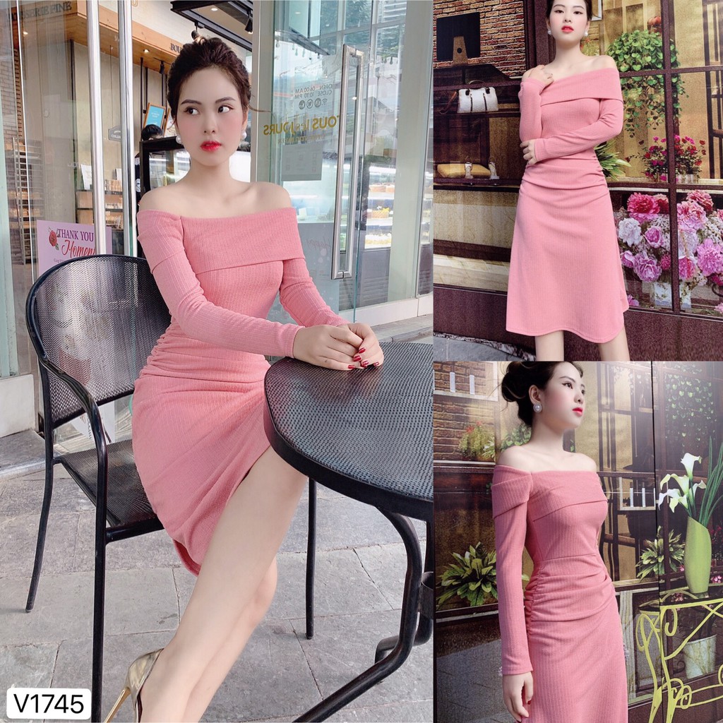 Váy hồng trễ vai nhún eo V1745 - Đẹp Shop DVC ( p)