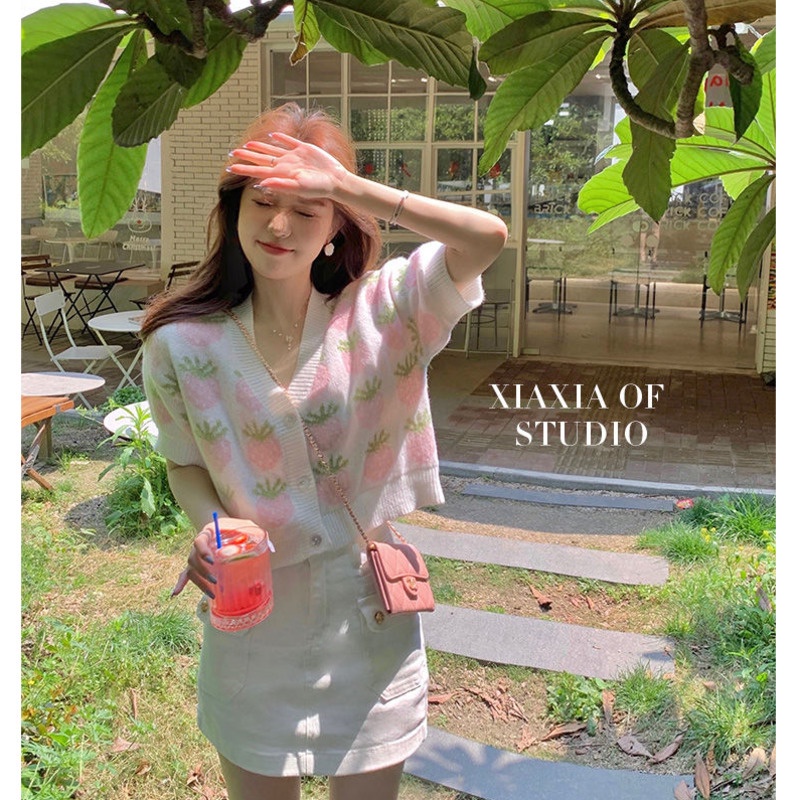 Áo Khoác Len cardigan Cổ Chữ v In Hình Dâu Tây Đáng Yêu Cho Nữ