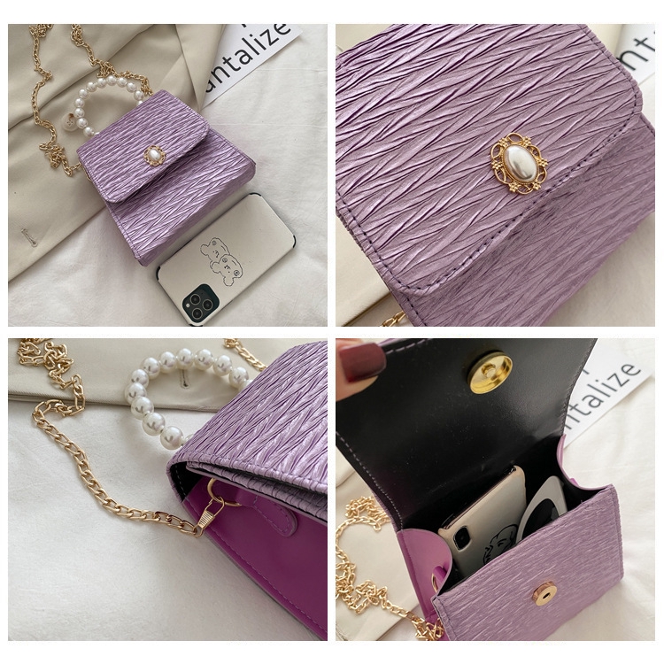 Túi đeo vai IELGY hình vuông cỡ nhỏ dây dạng xích đính ngọc trai thời trang dành cho nữ