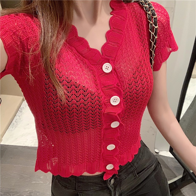 Áo len nữ ngắn tay sợi mỏng 3 màu thời trang | BigBuy360 - bigbuy360.vn