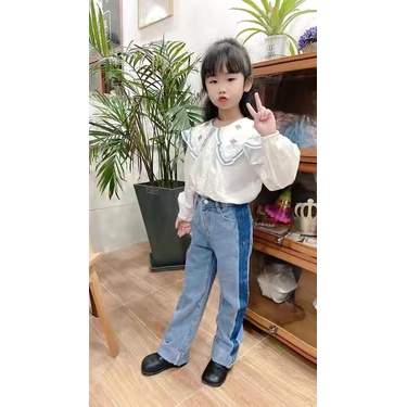 Áo sơ mi trắng dài tay thêu hoa nhí xanh cho bé gái cao 90-150cm, nặng 10-35kg