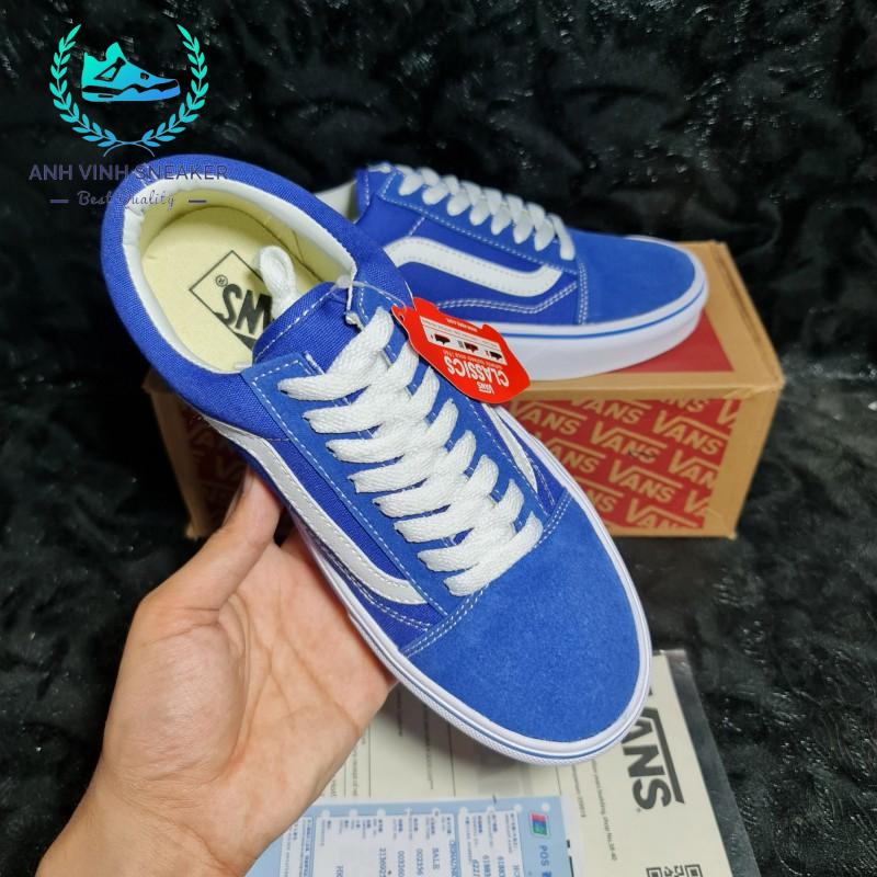 Giày Vans Old Skool Xanh Sọc Trắng Blue White Nam Nữ Cổ Thấp