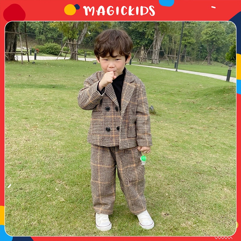 Bộ vest dạ bé trai thiết kế cổ vest 4 khuy có size lớn cho bé từ 9-30kg Magickids BR21044 Set bé trai Hàn Quốc mẫu 2022