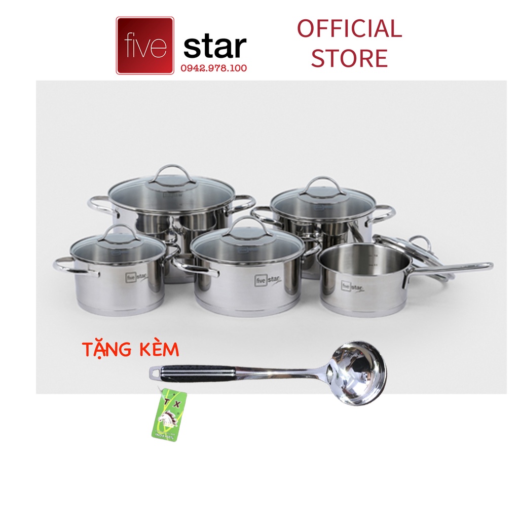 Bộ nồi quánh 3 đáy inox 304 cao cấp Fivestar Plus quai oval kiểu Silit 5 món nắp kính , tặng 1 vá inox