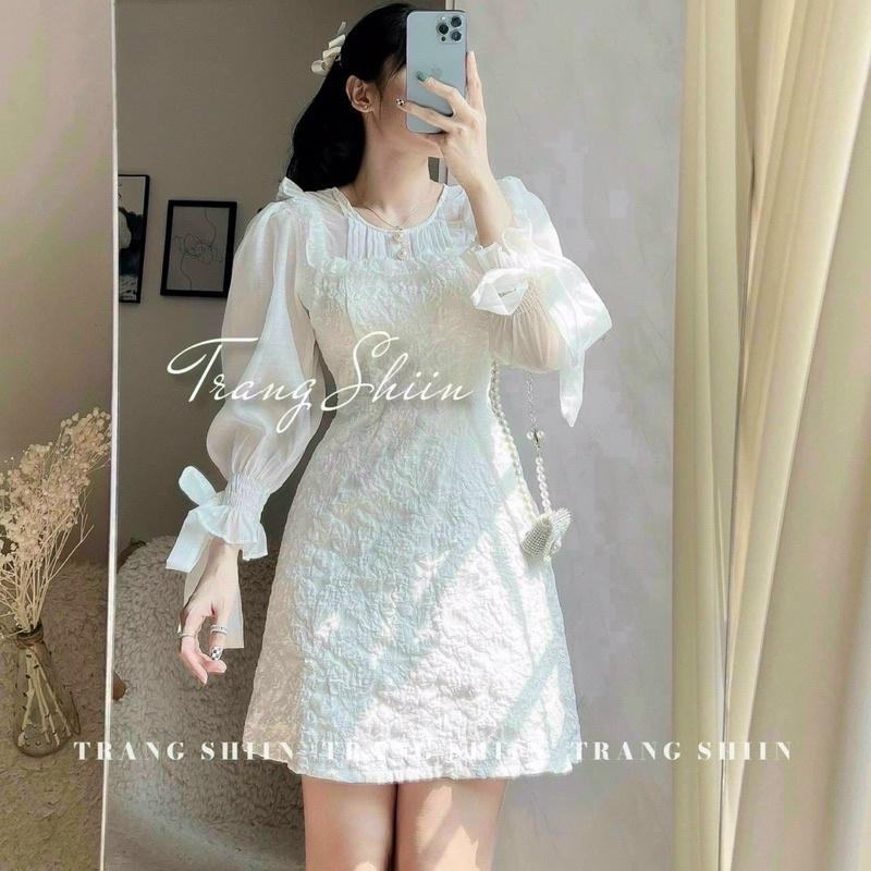 ĐẦM GẤM PHỐI CỔ VOAN TRĂNS XẾP LY