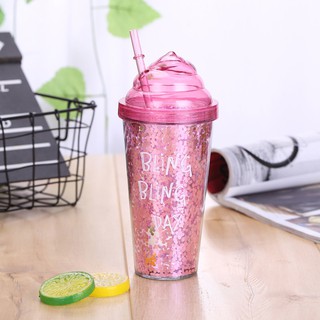 Glitters Pattern Double Layer Plastic Straw Bottle Innovative Gift Ice Cream Straw Bottle