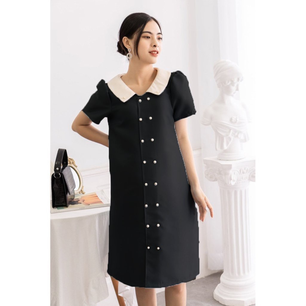 Đầm bầu ngắn tay cổ trắng đính hạt chai thời trang MSP258 vải cát hàn mềm mát Mom and Baby