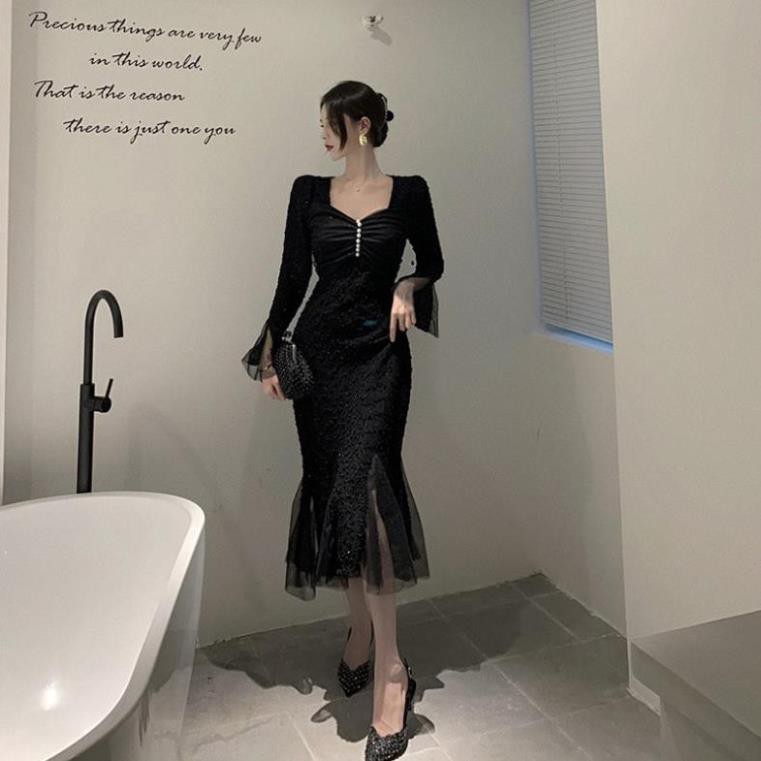 Váy mới mùa thu đông 2020 hương Hồng Kông sợi lưới khâu chân đuôi cá dài tay thắt lưng eo trung nữ
