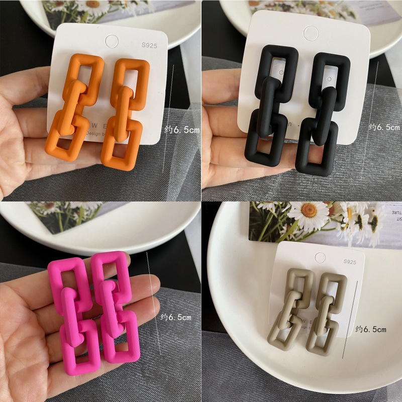 Bông Tai Dạng Dây Xích Dày Mặt Hình Chữ Nhật Nhiều Màu