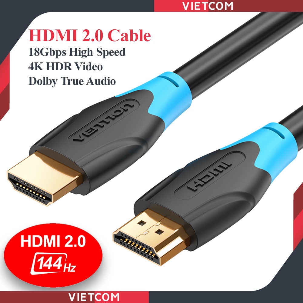 Cáp HDMI 2.0 Vention Mạ vàng - Hỗ trợ 4K/60Hz, 18Gbps - Dây cáp HDMI dài 1m 1.5m 2m 3m 5m 8m 10m