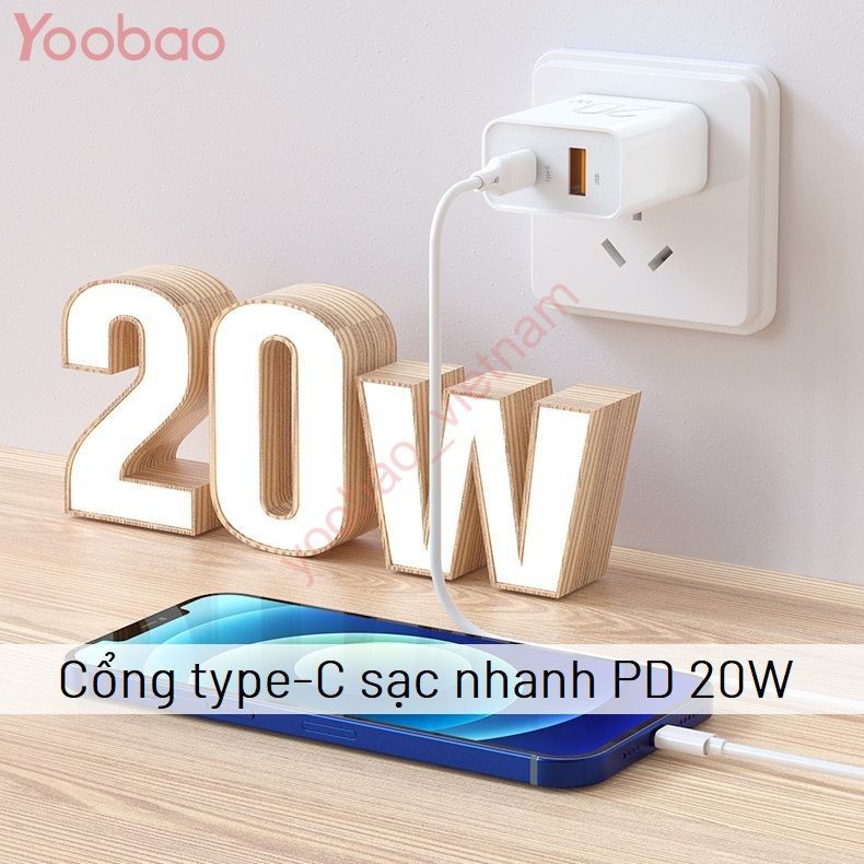 Củ Sạc Nhanh 2 Cổng USB-A & Type-C Sạc Nhanh PD 20W Chính Hãng Yoobao RY-U20