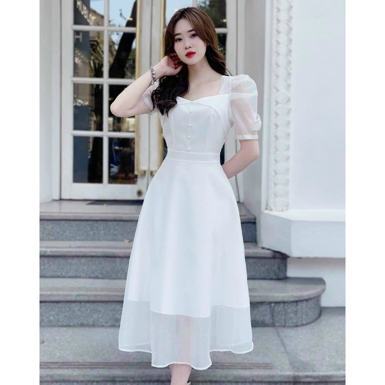Đầm tiểu thư đi tiệc,đầm nữ cổ vuông tay phồng đính ngọc,chất voan 2 lớp có mút,lên from xinh xĩu