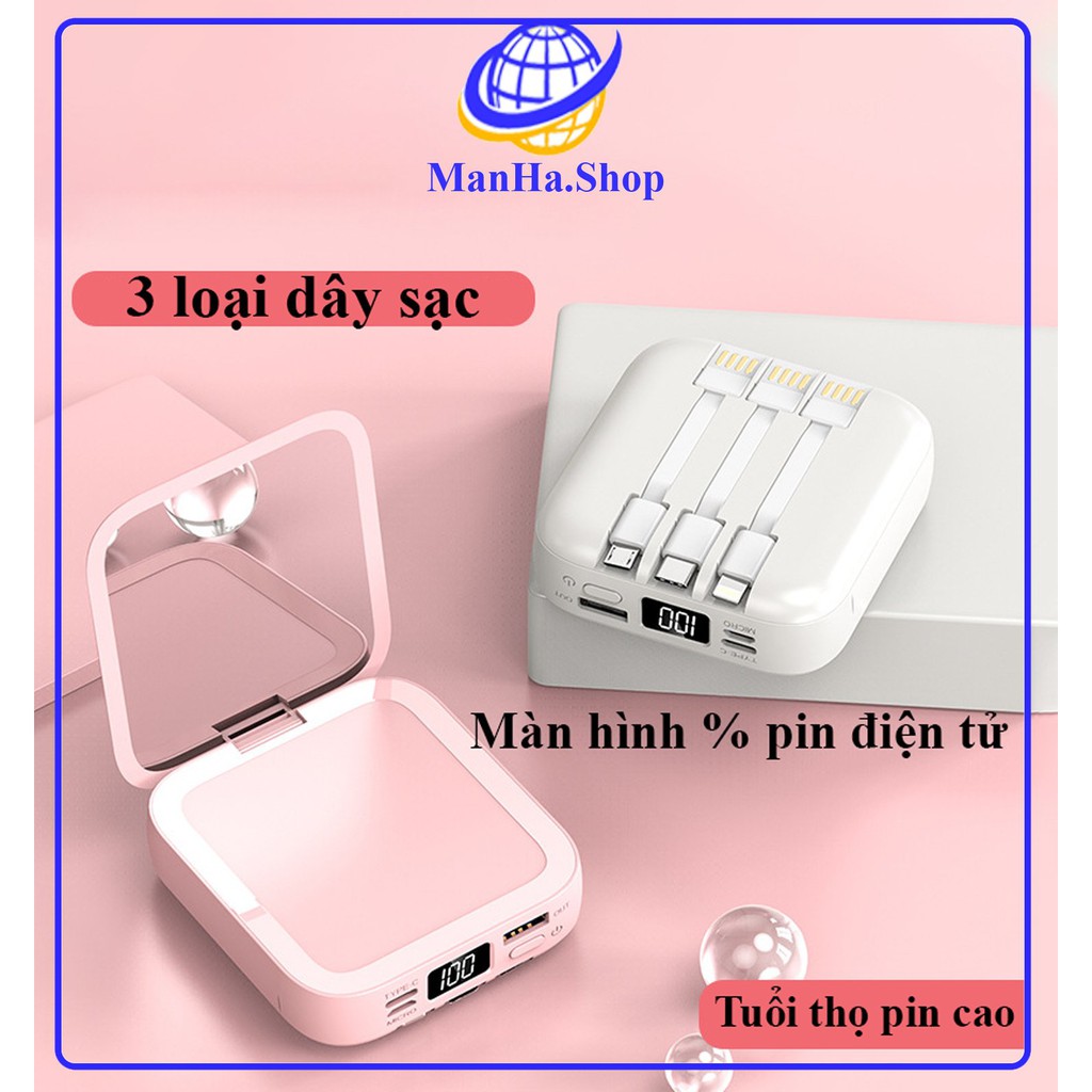Sạc Dự Phòng MiNi kèm 3 dây sạc khác nhau (apple,androi,type-c) kết gợp gương soi make up.Sạc Tiện Lợi,Dễ Thương