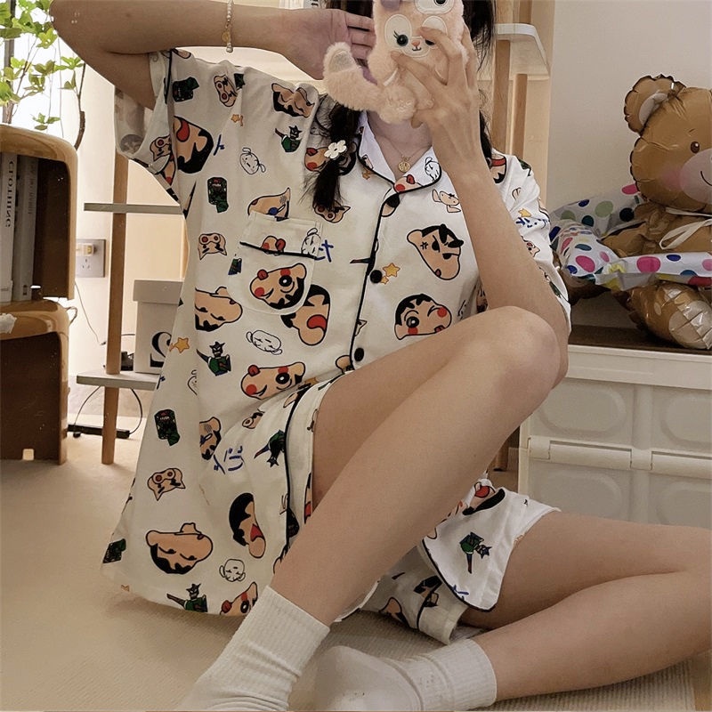 Bộ Đồ Ngủ Tay Ngắn In Họa Tiết Hoạt Hình Thời Trang Mùa Hè Xinh Xắn Cho Nữ