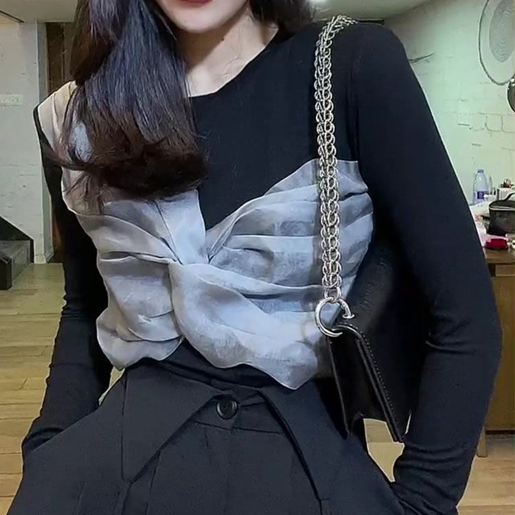 Áo thun tay dài phối lưới đính nơ thời trang dành cho nữ