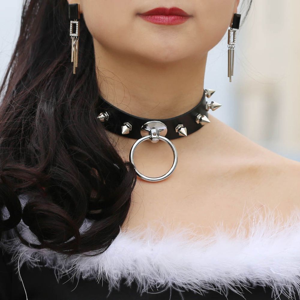 Vòng cổ choker bằng da đính đinh tán phối tua rua phong cách Hàn Quốc thời trang cá tính cho nữ