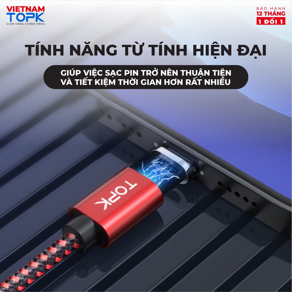 Dây sạc đầu nối nam châm TOPK AM45 Sạc nhanh QC 3.0 - Hàng phân phối chính hãng - Bảo hành 12 tháng 1 đổi 1