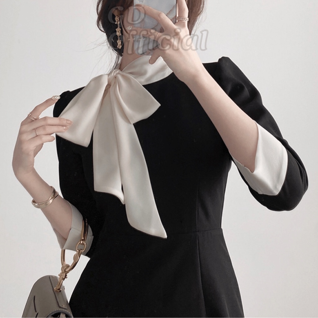 D57|Đầm thắt nơ cổ tròn công sở thanh lịch dáng xòe bồng bềnh co nữ chất cotton bo eo khoe dáng màu be, đen GD Official