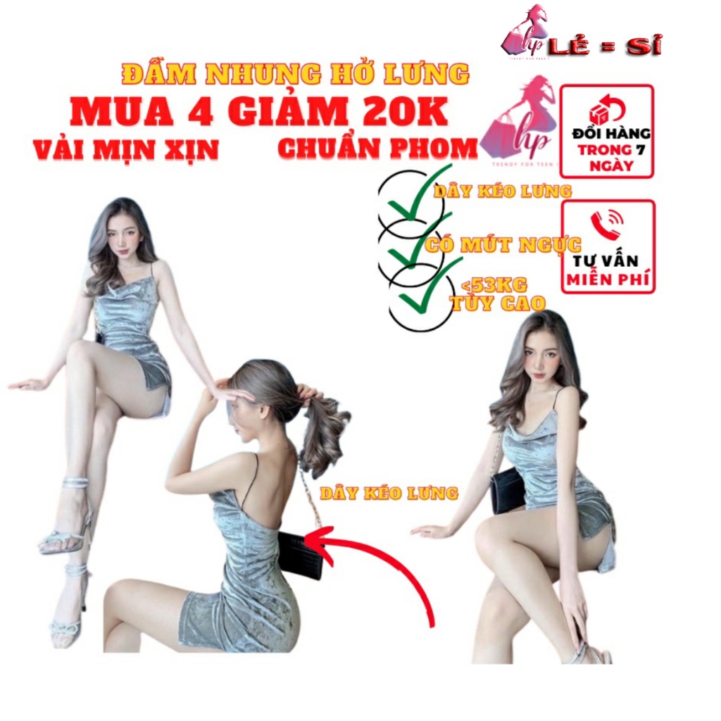 Đầm váy nữ bản 2 dây ôm body nhung mềm mịn hở lưng có mút ngực xẻ tà ngắn cực sang chảnh dự tiệc | BigBuy360 - bigbuy360.vn