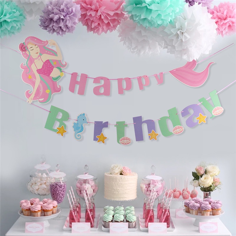 Banner Chúc Mừng Sinh Nhật Bé Gái 1 Tuổi Nàng Tiên Cá Vỏ Sò