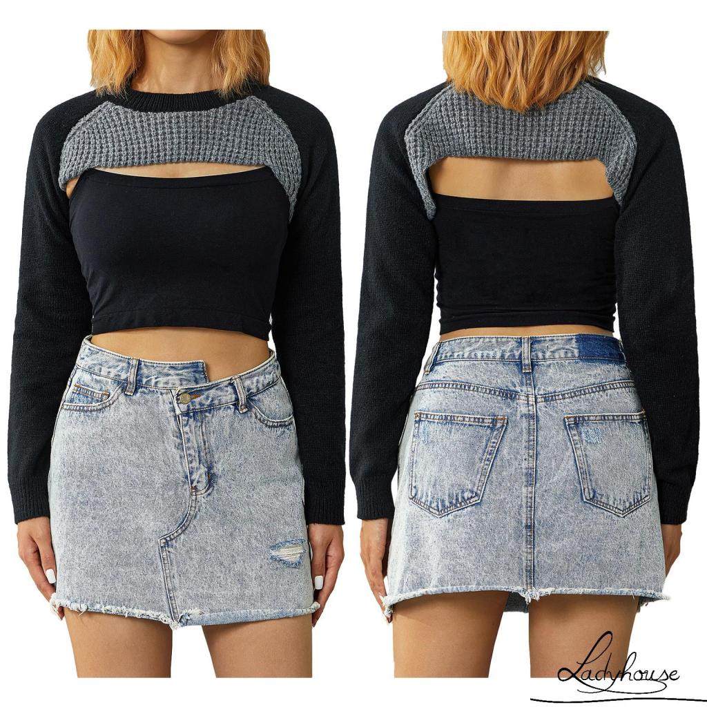 Áo Sweater Lửng Tay Dài Cổ Tròn Cắt Xẻ Màu Xám Ghép Vải Shrug Dành Cho Bạn Nữ LDD