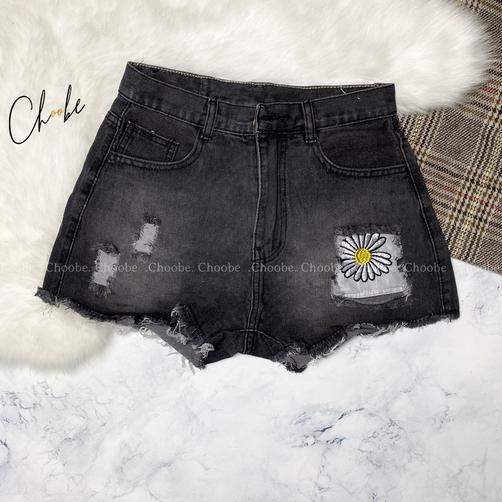 Quần short jean nữ Choobe trơn lưng cao thêu hình hoa cúc phong cách thời trang QSJ02 | BigBuy360 - bigbuy360.vn